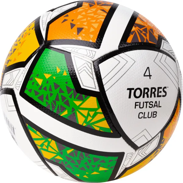 Мяч футзал. TORRES Futsal Club, FS323764, р.4, 10 пан. ПУ, 4 под. сл, гибрид. сш. бело-зел-оранж за 2&nbsp;264.40 ₽ в Омске